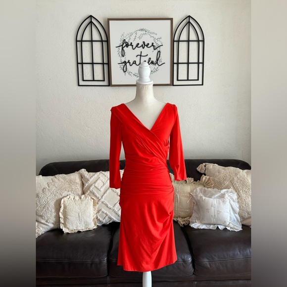 DVF Bentley Three-Quarter Sleeve Ruched Dress In Red Size S Designer Classic - Picture 11 of 14